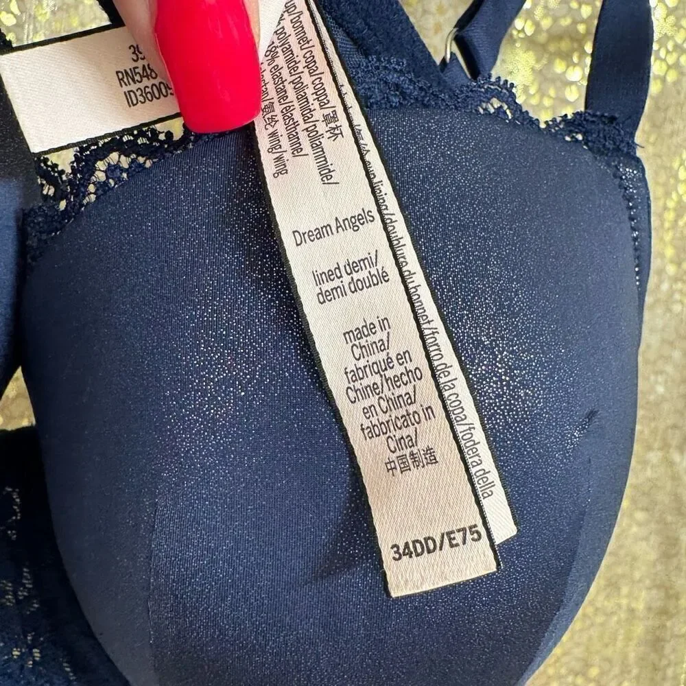 Victorias Secret Navy Blue Shimmer Sparkle Dream Angels Lined Demi Bra 34DD